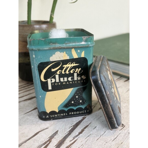 Vintage 1940’s Tin Cotton Plucks Cotton Ball Decor Item Advertising W/ Contents - Picture 7 of 9